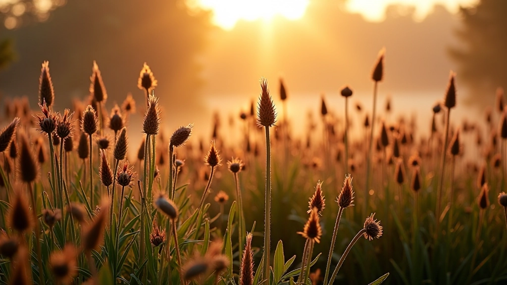 Autumn garden with ornamental grasses, faded flower heads, seed pods still attached, fall foliage colors, morning mist, natural late-season light, artistic composition