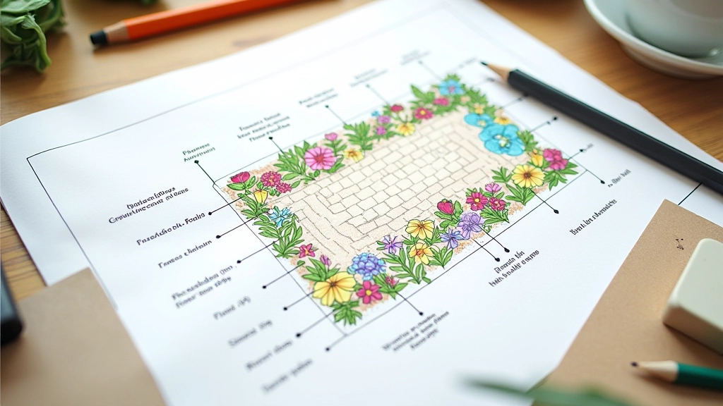 Garden designer's sketch showing plant placement with spacing measurements and bloom time color coding