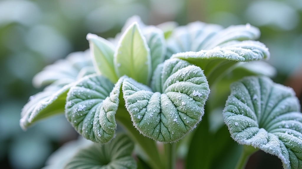 Close-up of cold-hardy perennial plants with frost, Nordic climate garden, winter-ready plants, detailed leaf structure