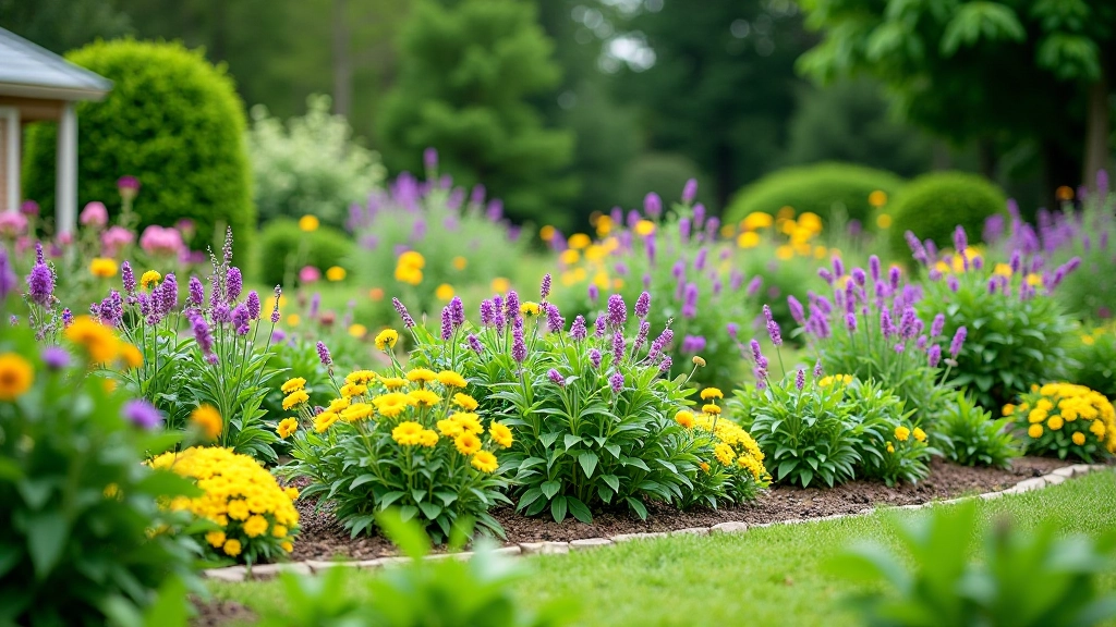 Cottage garden bed layout with layered plantings showing height progression and color combinations