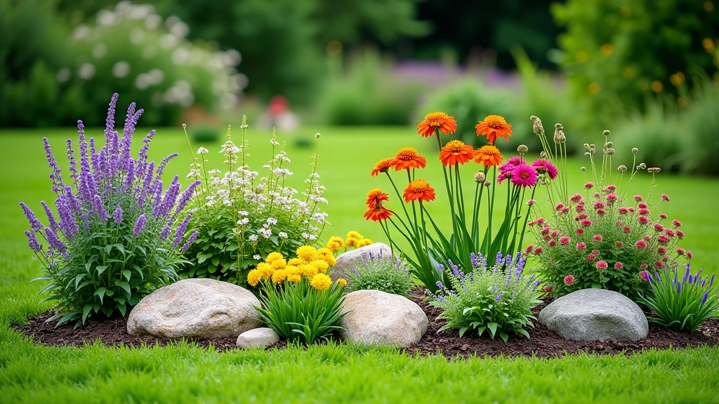 Cottage garden bed with diverse perennials arranged in layered design showing height variation and color coordination