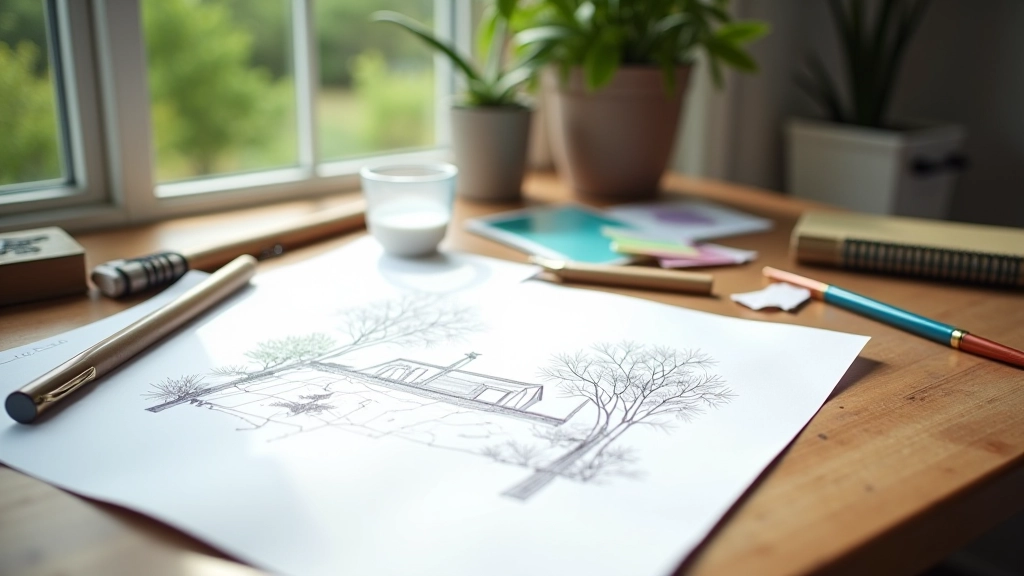 Garden design planning with sketches, color samples, and layout notes on a work table