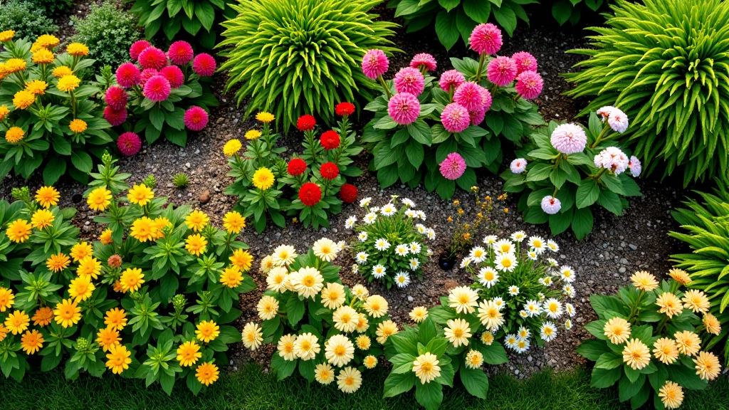 Garden bed layout with arranged perennial plants in cottage style, color combinations, plant placement, overhead view design