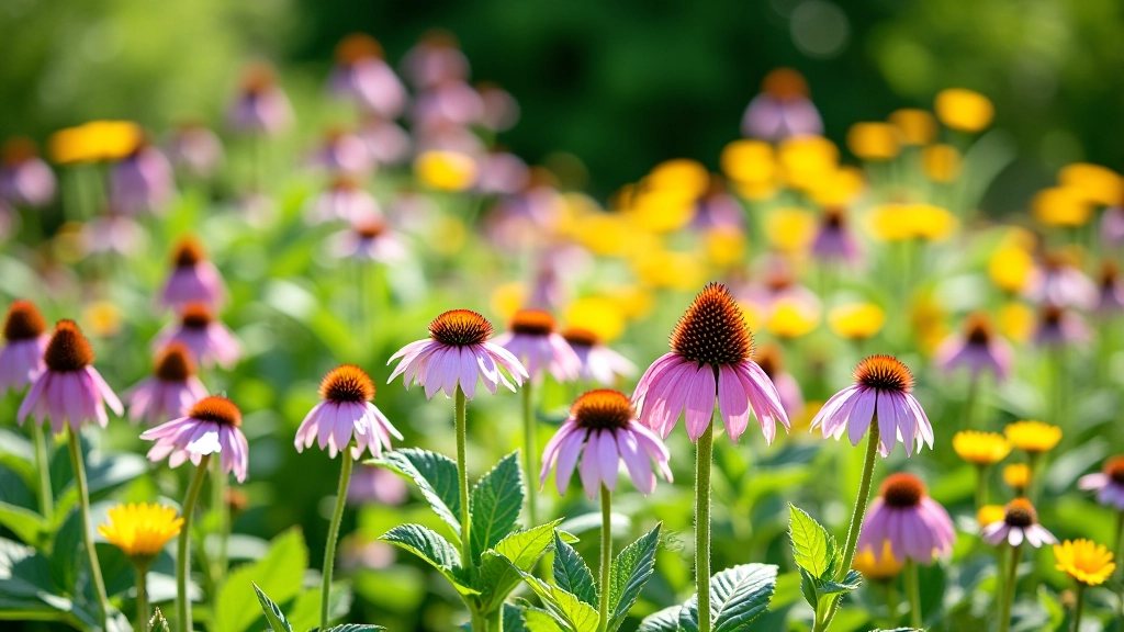 Colorful perennial flowers including purple coneflower and yellow rudbeckia blooming in a garden bed during summer