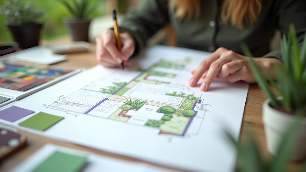 Garden design workspace with layout sketches and planting documentation