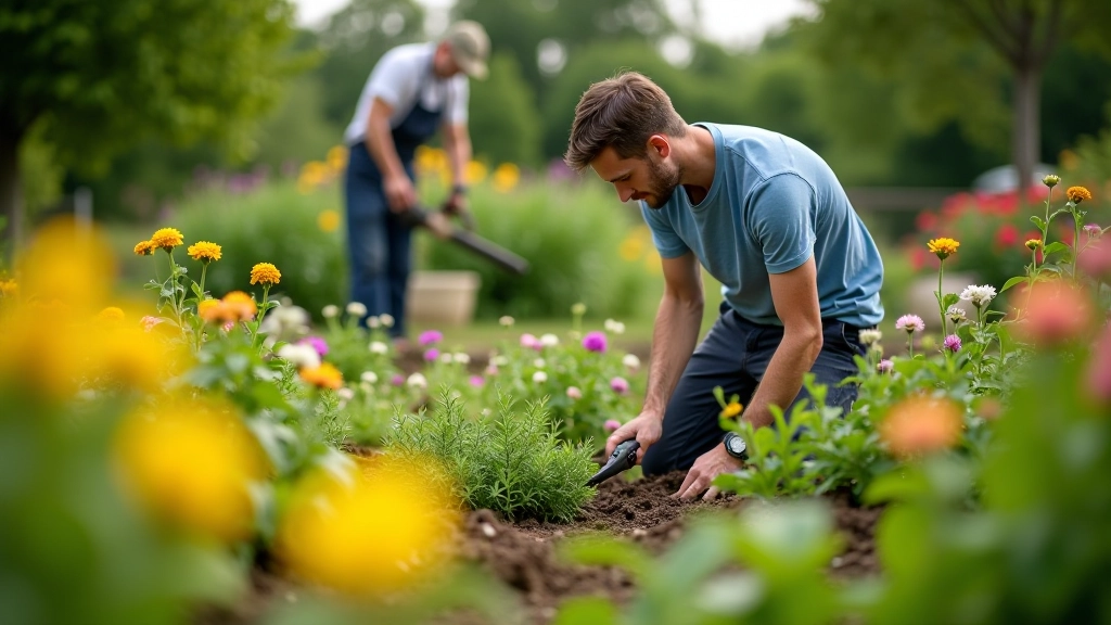 Garden maintenance tasks including pruning, weeding, and seasonal care work in a perennial bed