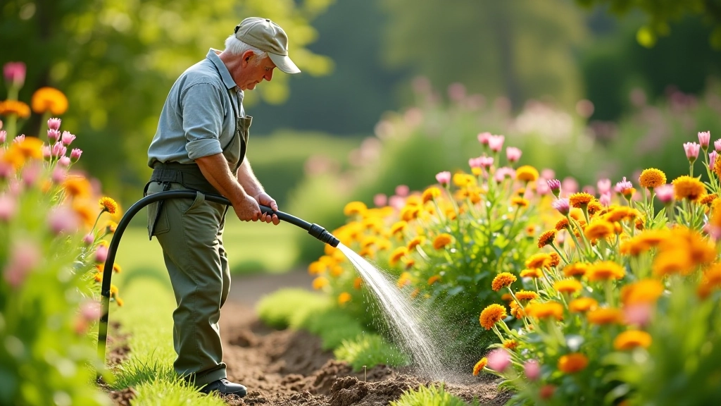 Person watering perennial garden bed at soil level with soaker hose, morning watering, garden in full summer bloom with colorful flowers, even ground-level watering, natural light