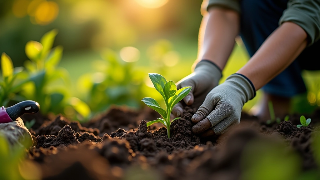 Hands planting perennial seedlings into prepared garden soil with mulch and gardening tools visible