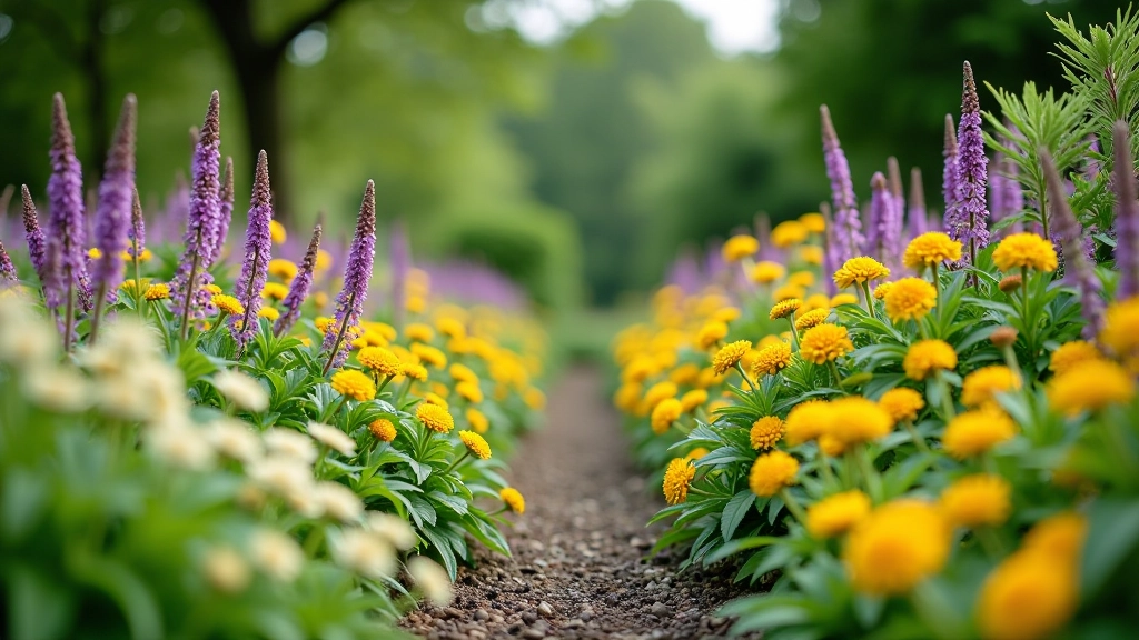 Hardy perennial plants thriving in Nordic garden conditions with various textures and colors