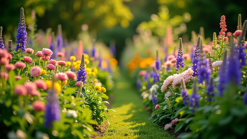 Cottage garden in mid-summer showing multiple colors of perennials in bloom simultaneously with layered plantings