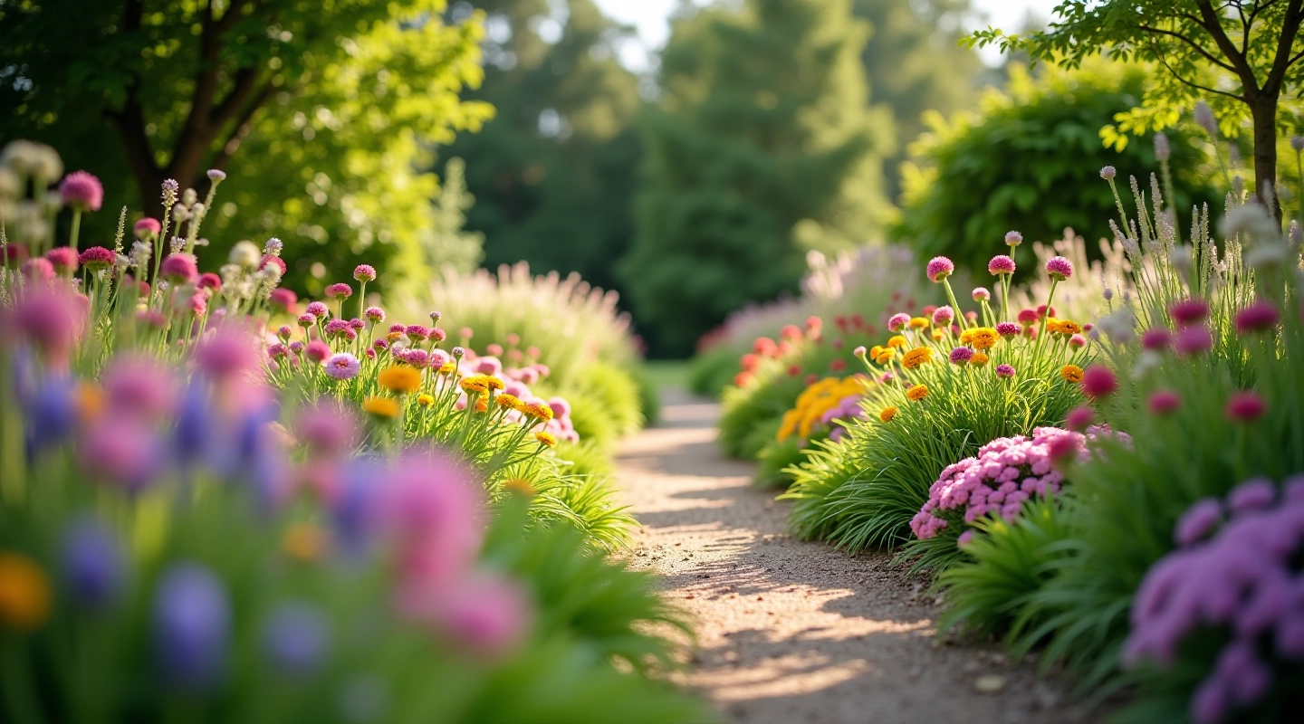 Nordic perennial garden with hardy flowering plants blooming in cool climate conditions