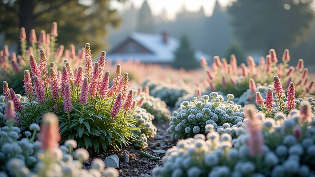 Nordic perennial varieties blooming in a cold climate garden with frost-covered plants