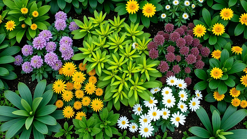 Top-down view of cottage garden bed showing proper spacing between mature perennials with ruler for measurement reference