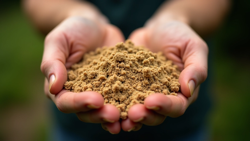 Close-up of sandy coastal soil texture showing light-colored grains with organic matter scattered throughout