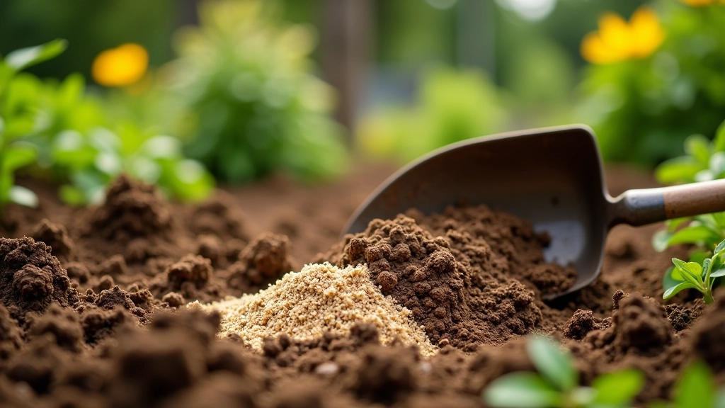 Application of sulfur powder and agricultural limestone being worked into maritime garden soil during spring preparation