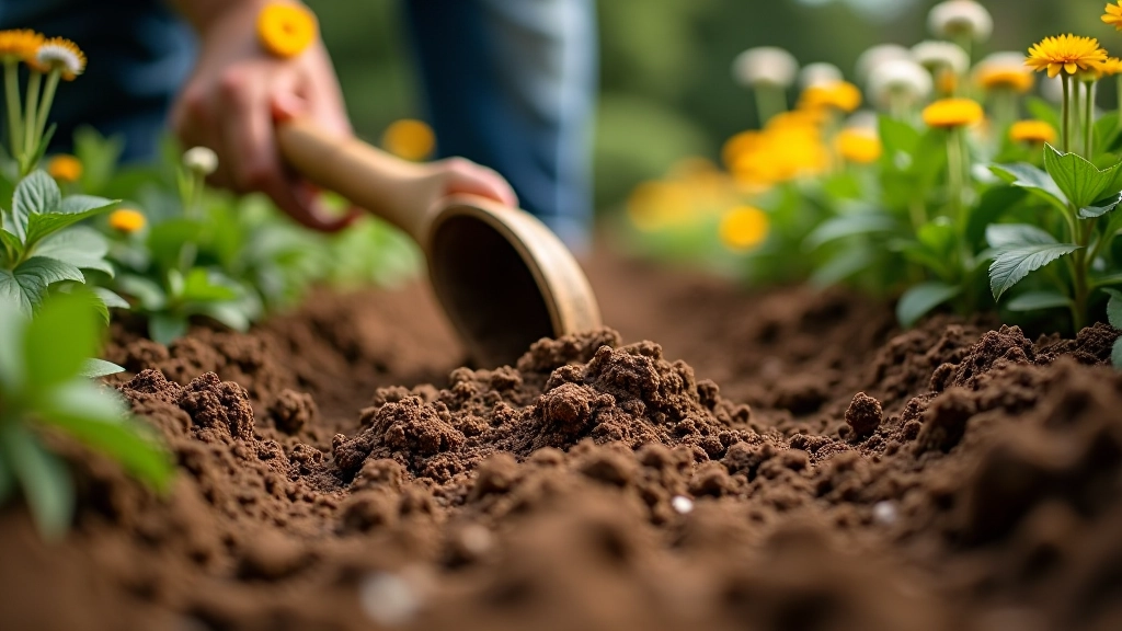 Soil preparation work showing amendments and organic matter being mixed into garden bed soil