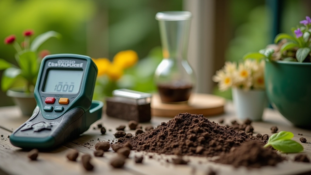 Soil testing kit with sample container and pH meter on wooden garden bench with perennial seedlings nearby