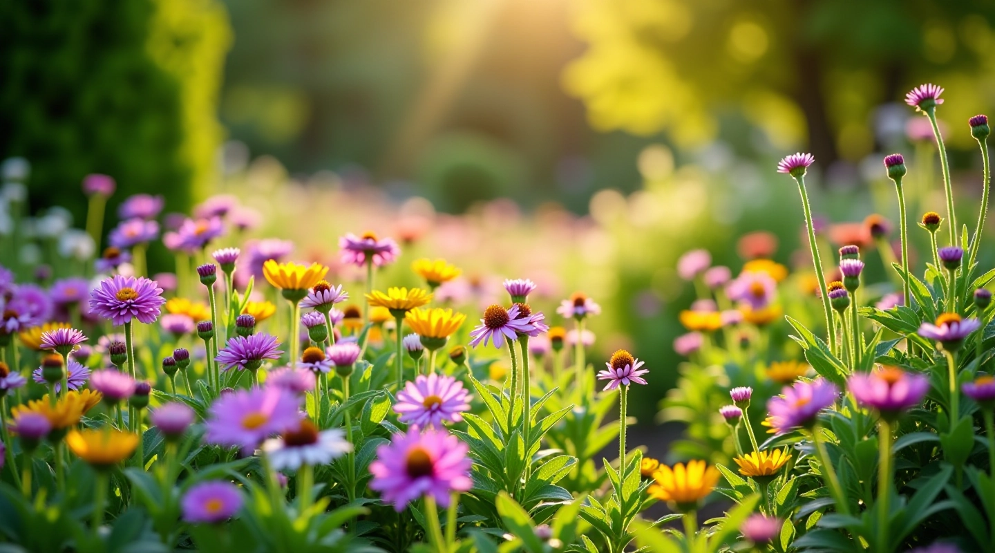 Lush perennial garden beds in full bloom with layered plantings and vibrant Nordic flowers