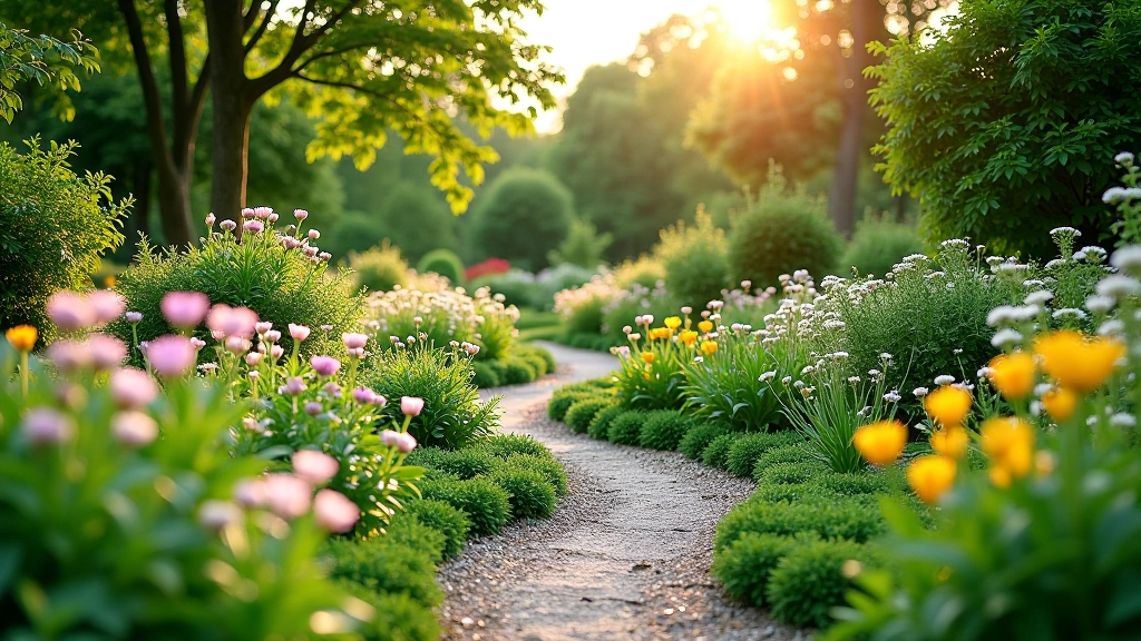 Cottage garden with winding paths and abundant plantings