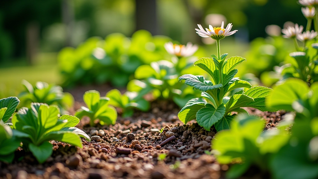 Raised garden bed with proper drainage visible, mulched with bark chips, perennial plants growing healthily in improved coastal soil