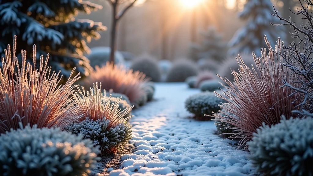 Winter perennial garden covered in snow showing hardy plant structures and evergreen foliage in Nordic landscape