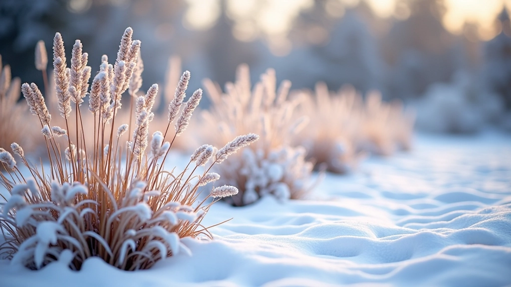 Winter garden scene with snow on dormant perennial plants, ornamental grasses with frost, garden structures visible, calm snowy morning light, serene composition